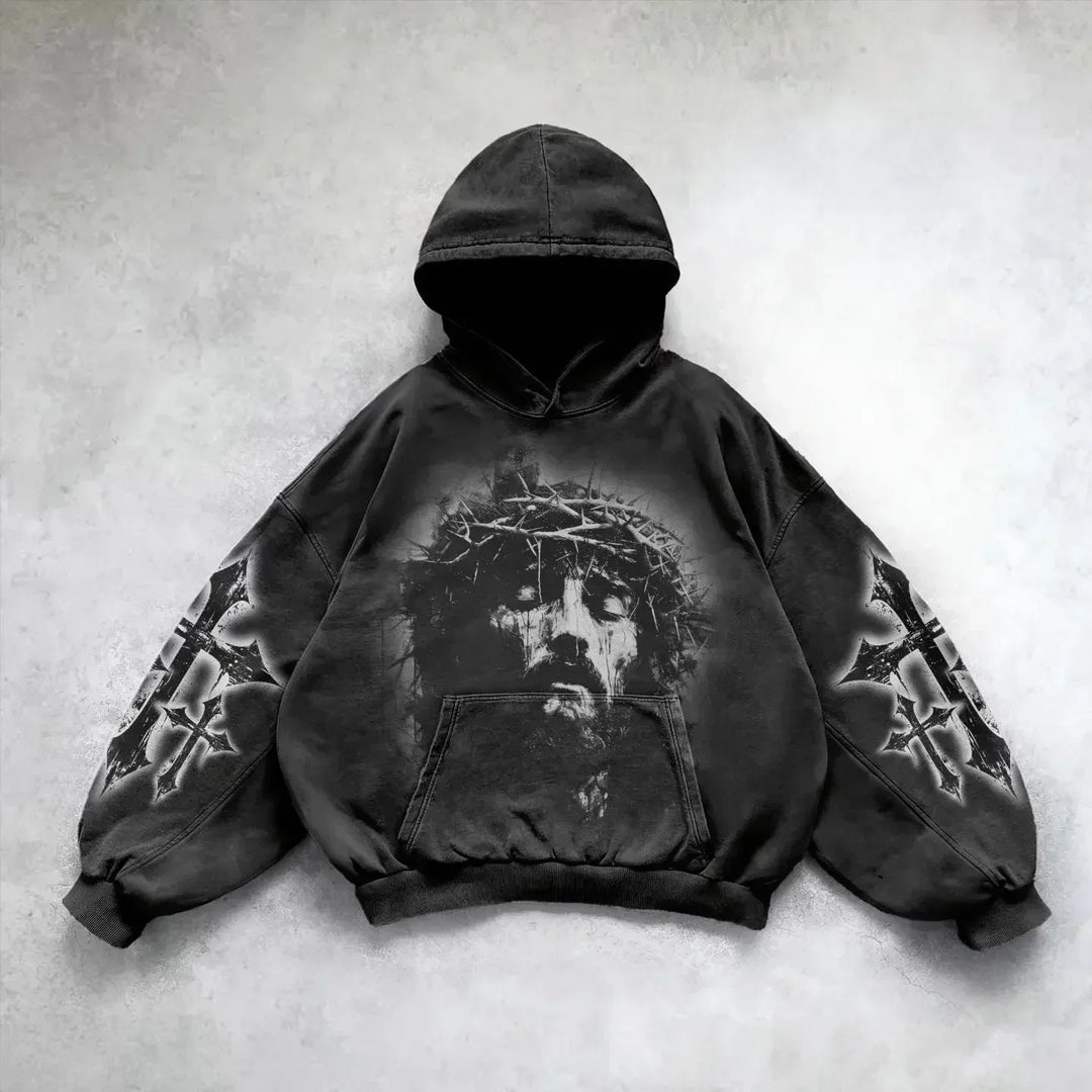 Bold gravure washed hoodie with retro fashion design. Unisex pullover for a vintage streetwear look & relaxed comfort.