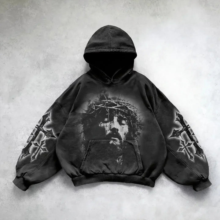 Bold gravure washed hoodie with retro fashion design. Unisex pullover for a vintage streetwear look & relaxed comfort.