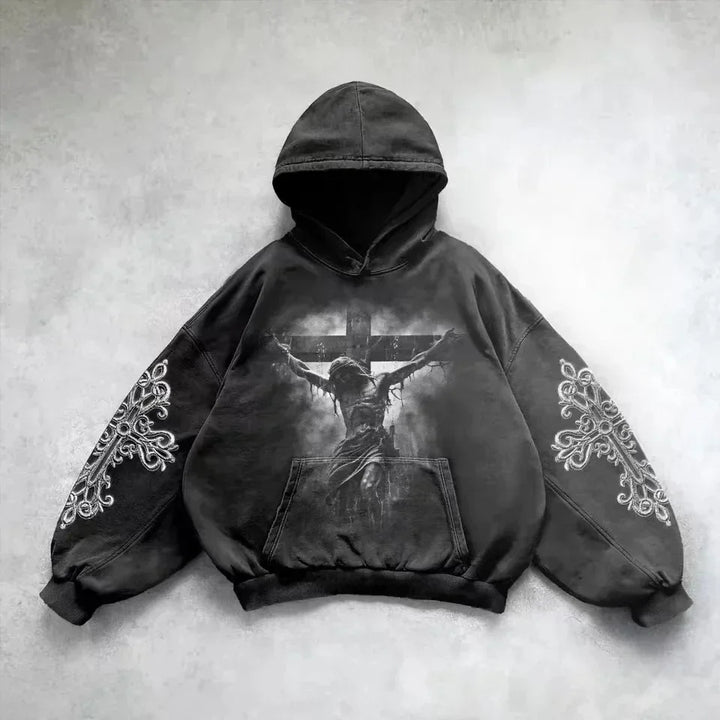 Vintage gravure washed hoodie for unisex appeal. Comfortable pullover in retro style, perfect for bold casual wear.