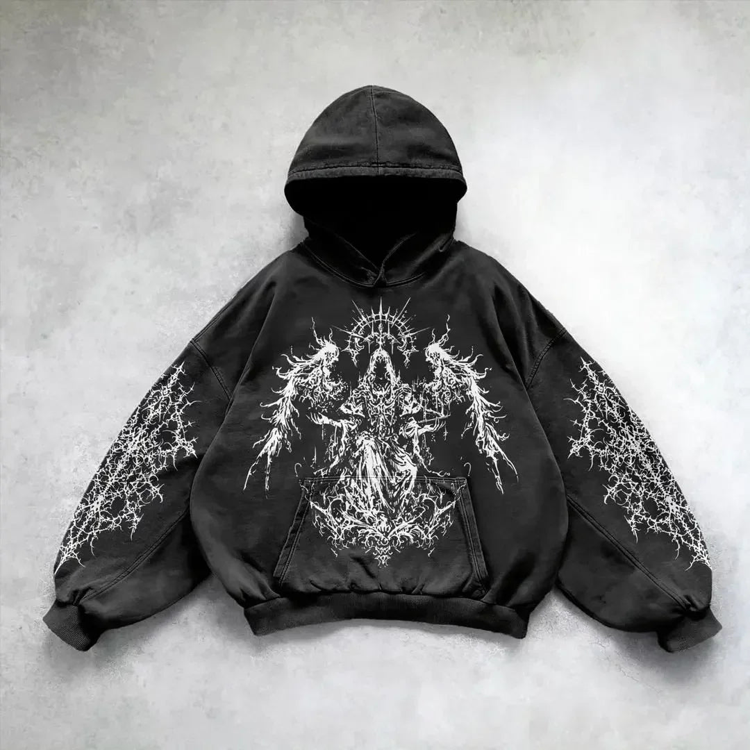 Unisex washed hoodie, a comfortable pullover with bold gravure design. Embrace vintage style for relaxed streetwear.