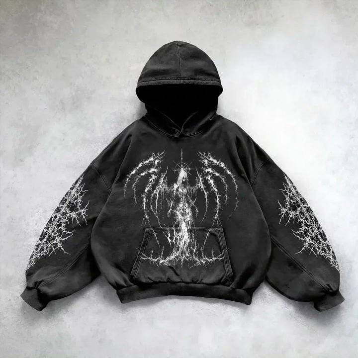 Soft washed hoodie with unique gravure print. Unisex pullover offers vintage comfort and bold retro fashion style.