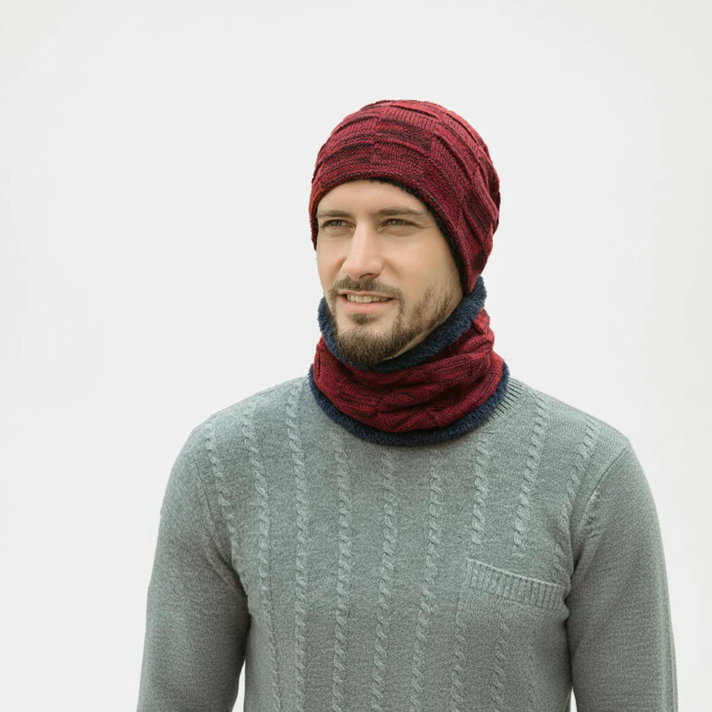 Soft cotton knit winter hat and infinity scarf set in black, an ideal unisex accessory.