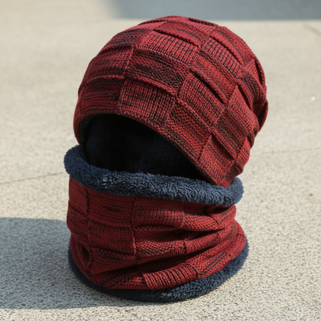 Warm winter knit set featuring a beanie and matching scarf, great for cold weather style.