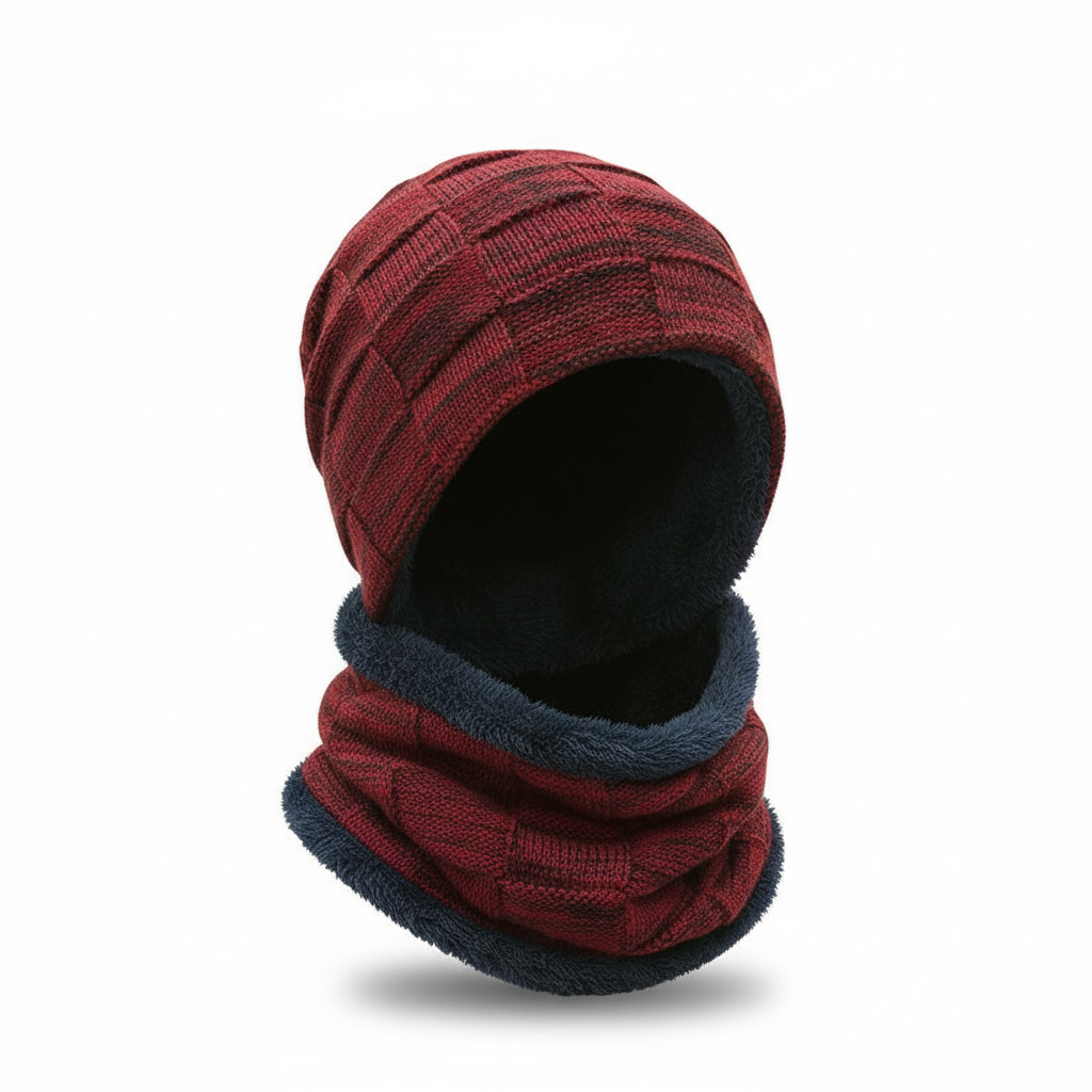 Model wearing a cozy gray knit hat and scarf set, showcasing its stylish winter fashion.