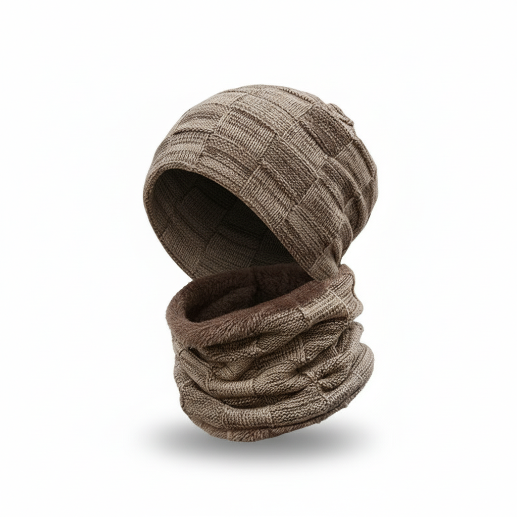 Folded knit winter hat and scarf set, ready to be worn for ultimate warmth and comfort.
