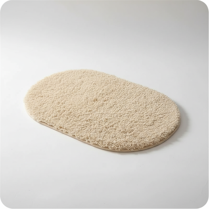 Close-up of plush microfiber non-slip bath mat in neutral color, perfect for safe bathroom use and home decor.