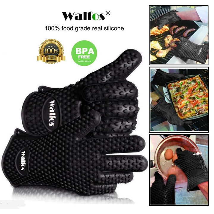 Silicone heat resistant cooking gloves, perfect for grilling, baking & BBQ. Waterproof & non-slip grip.