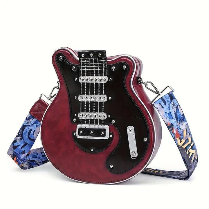 Unisex guitar shaped shoulder bag, black faux leather, unique rock style accessory.