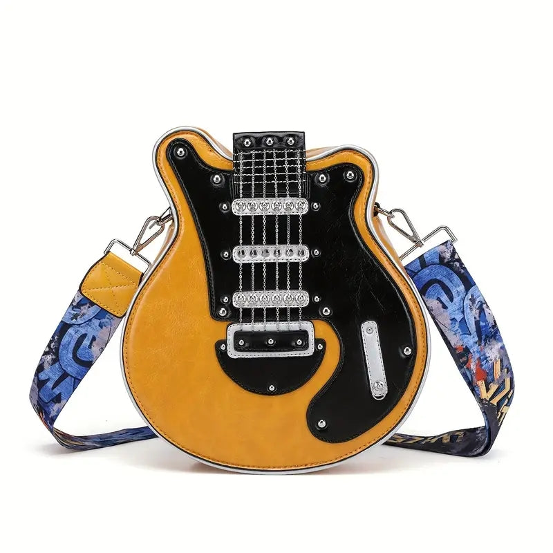 Statement guitar shoulder bag, combining music passion with unique fashion.