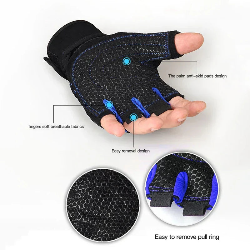 Breathable unisex sports gloves for gym, offering wrist support & comfort.