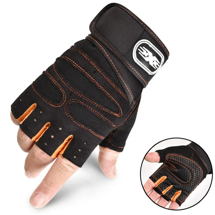 Unisex weightlifting gloves with integrated wrist wraps for secure lifting.