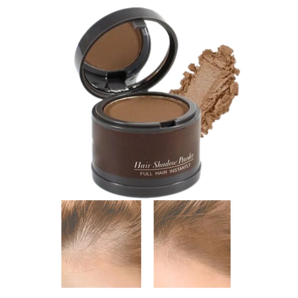 Natural root touch-up powder for a fuller hairline, concealing hair loss effectively.