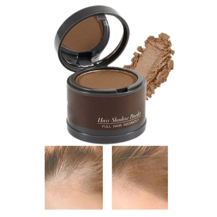 Natural root touch-up powder for a fuller hairline, concealing hair loss effectively.