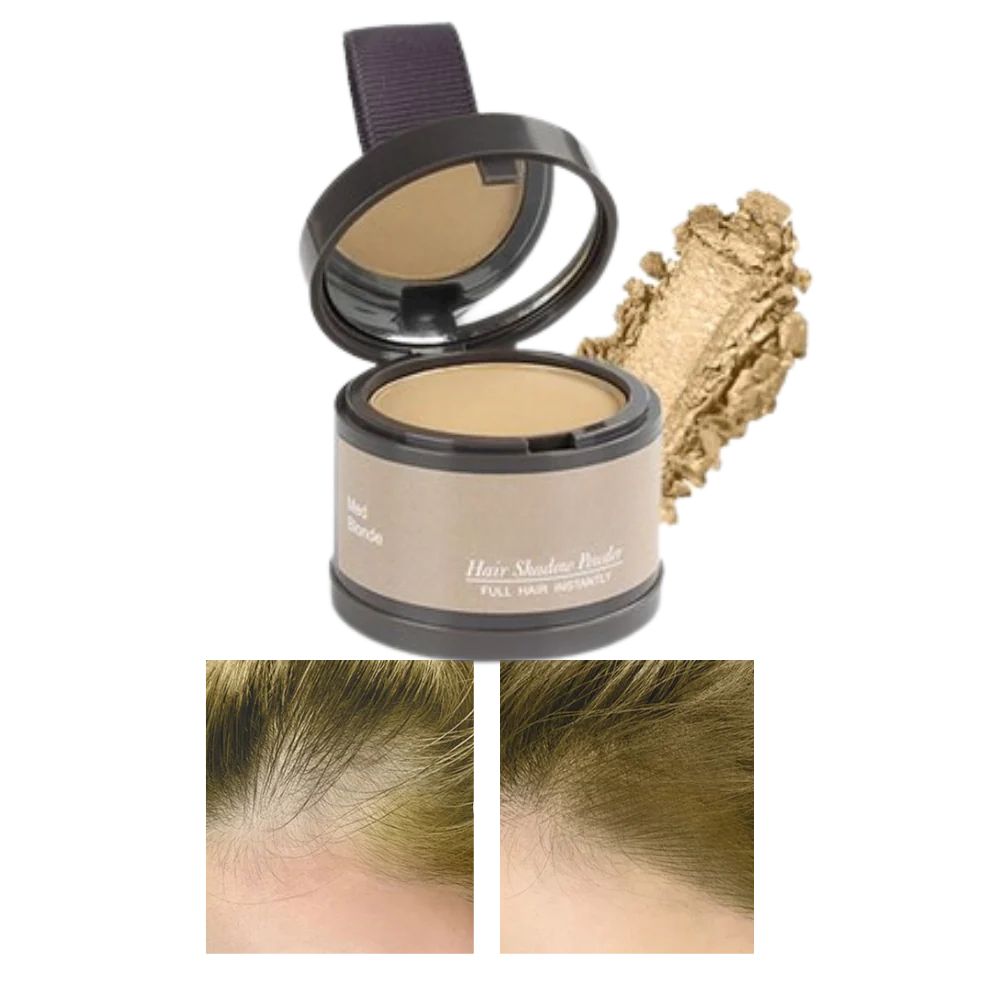 Unisex cosmetic powder for a fuller hairline, ideal for root touch-ups & hair thickening.
