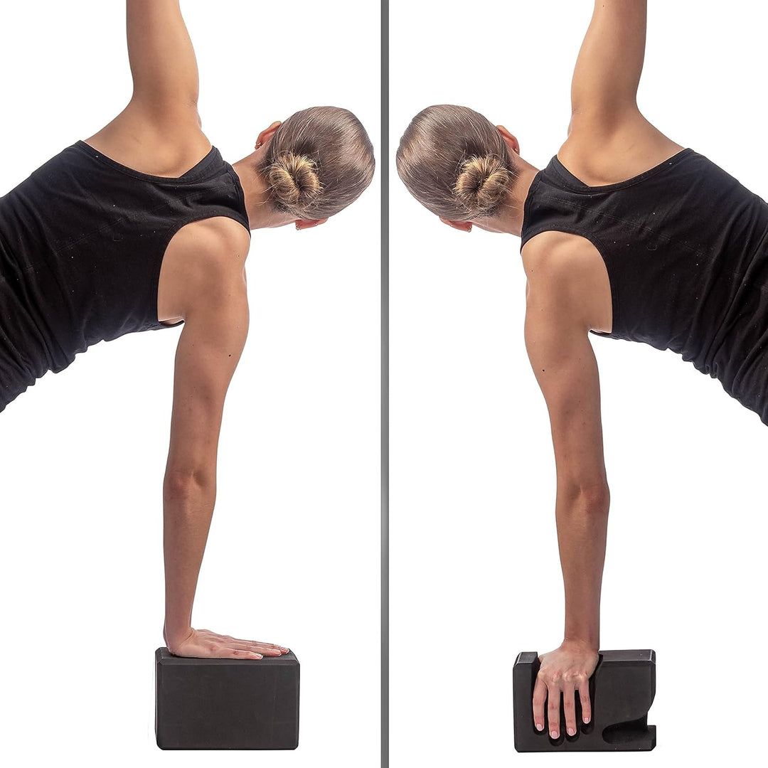 Lightweight EVA foam hand-shaped yoga blocks (2) for enhanced stability & grip support during floor exercises.