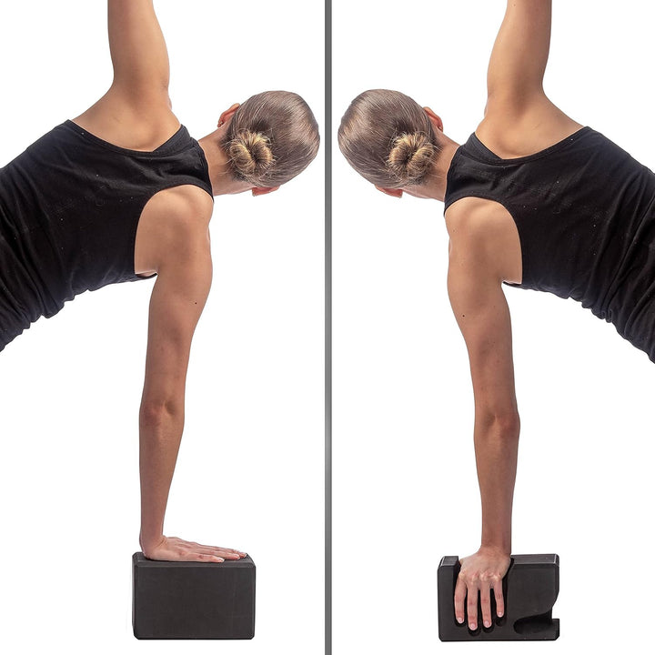 Lightweight EVA foam hand-shaped yoga blocks (2) for enhanced stability & grip support during floor exercises.