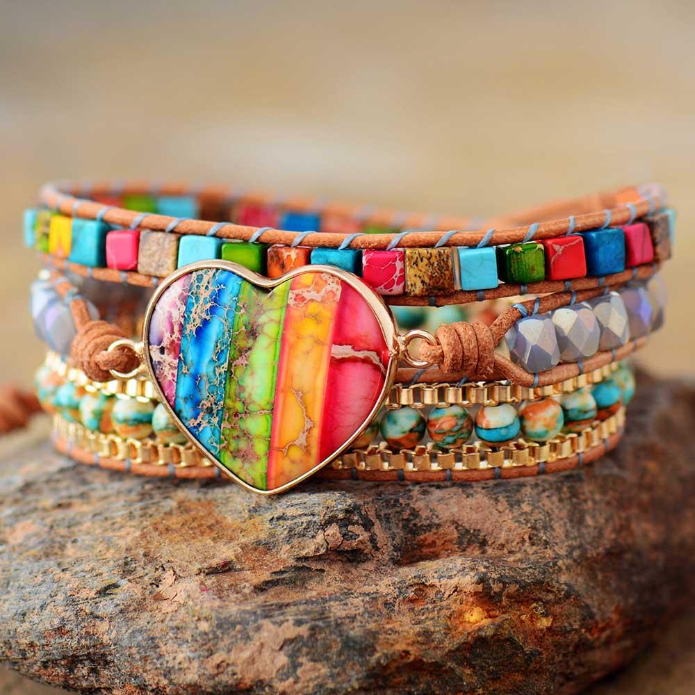 Unisex handmade crystal and jasper chakra wrap bracelet for vital energy