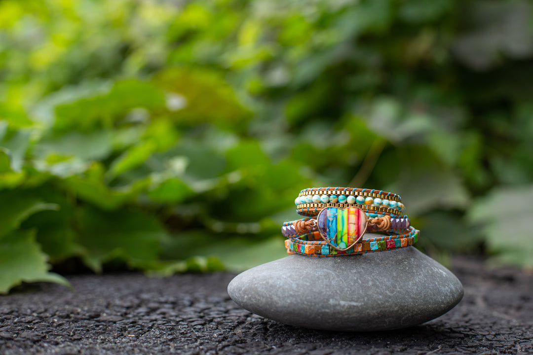 Chakra vitality bracelet, unisex design with polished crystal and jasper stones