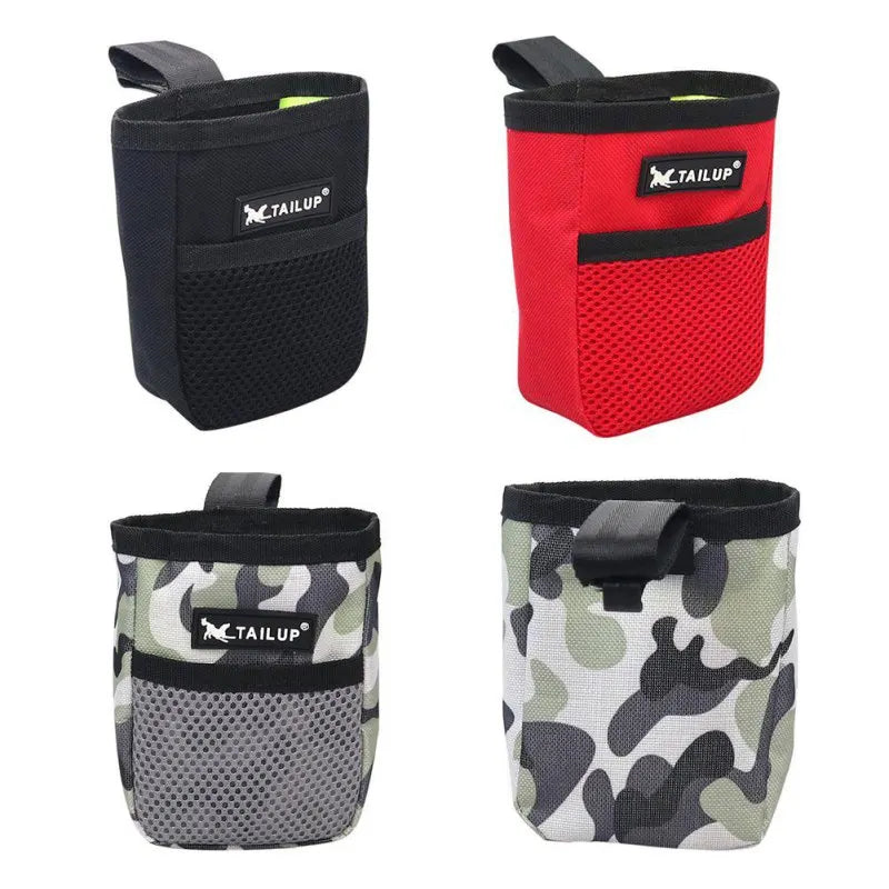Gray pet training pouch with treat dispenser, ideal for hands-free dog agility sessions.