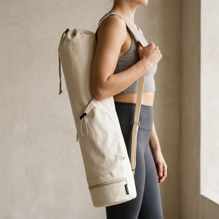 Unisex hands-free yoga mat carrier bag with pockets, perfect for gym or yoga studio.