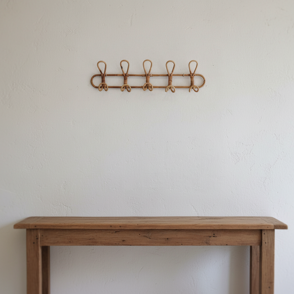 Unisex handwoven rattan wall hook organizer, bohemian style, perfect for entryway storage