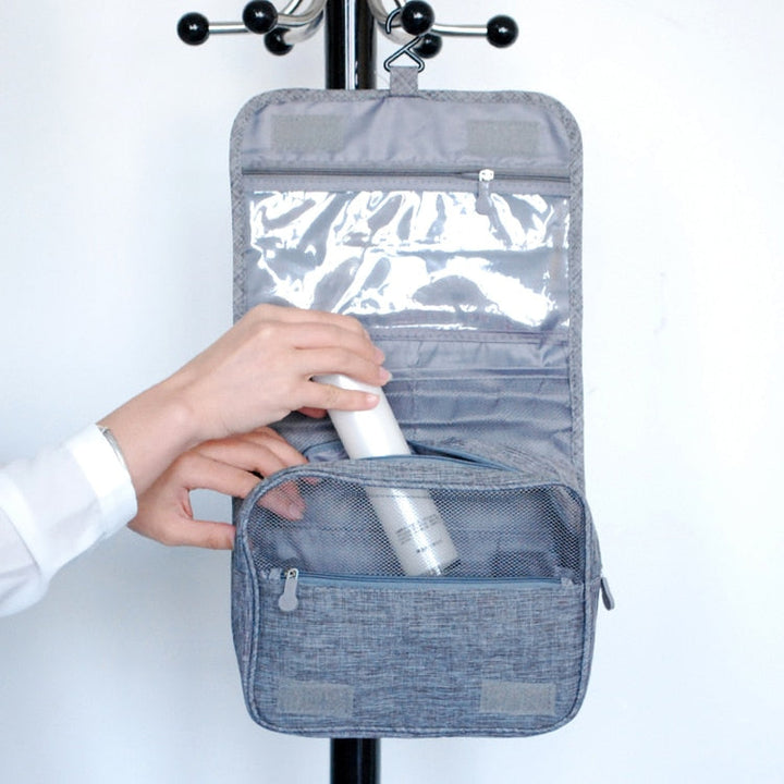 Durable waterproof travel organizer for toiletries, with sturdy hanging hook & secure zippers.