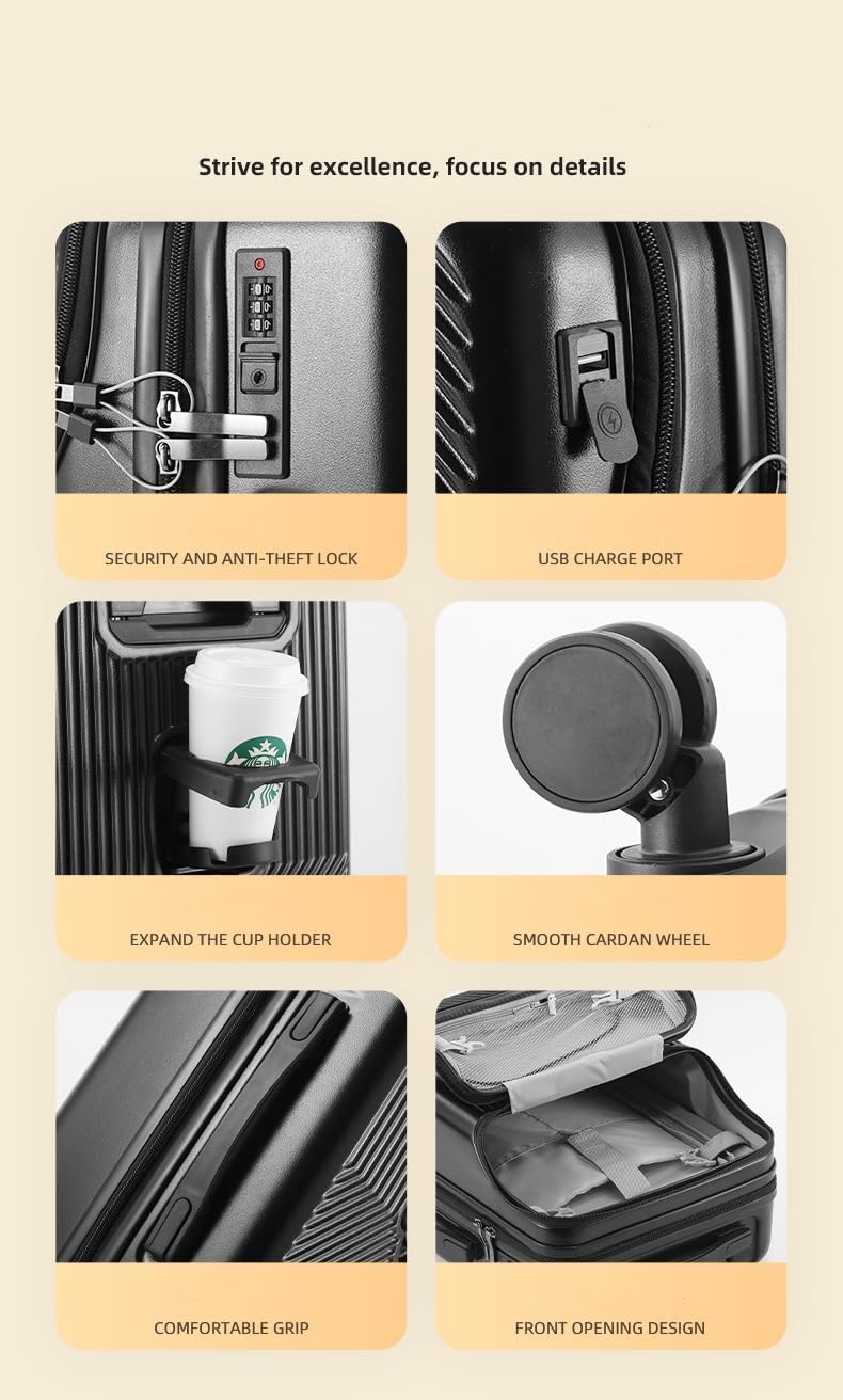 Convenient hardshell carry-on luggage. USB port, built-in cup holder, and TSA-approved security lock.