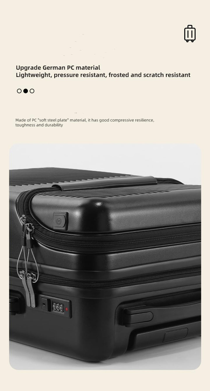 Travel-ready hardshell suitcase with a sturdy cup holder, USB port for devices, and a TSA security lock.
