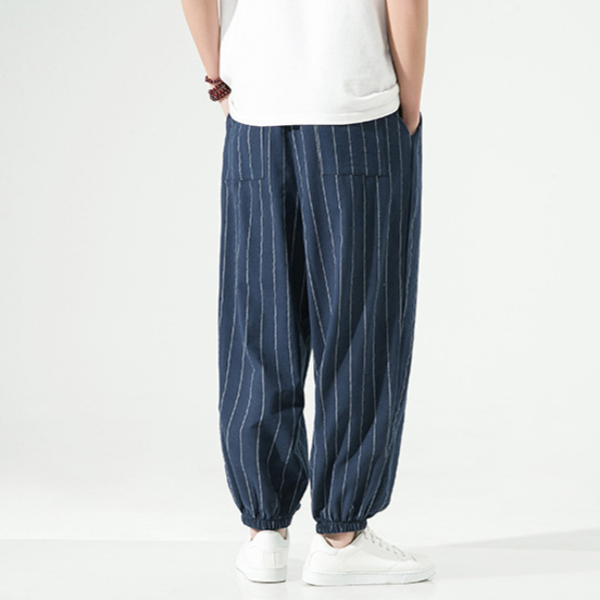 Stylish unisex joggers, perfect for a relaxed and comfortable fit. Pinstripe linen blend harem pants.