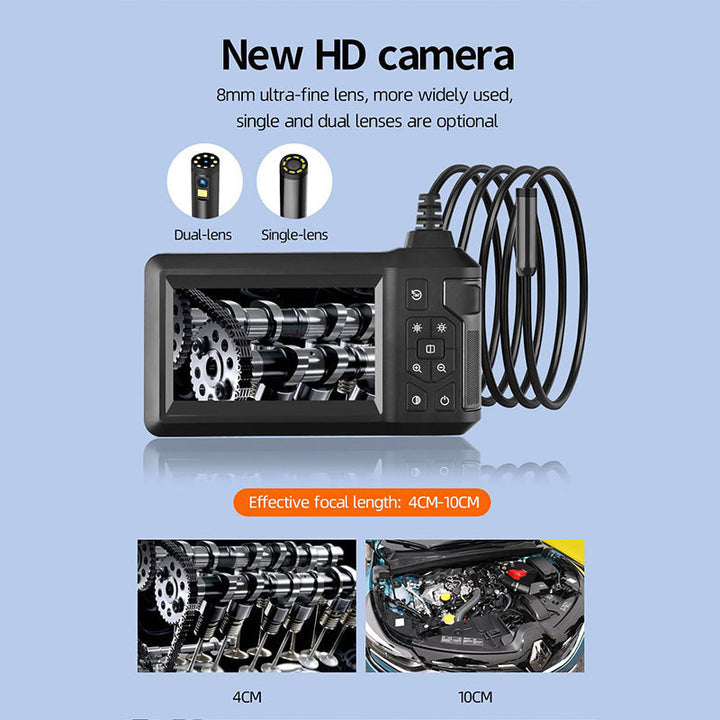 Flexible HD endoscope camera, perfect for plumbing and auto repair, featuring a bright screen.