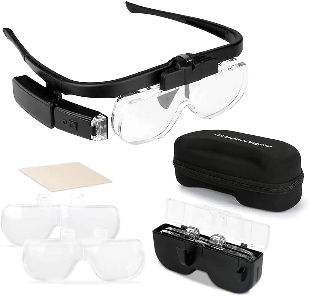 Unisex head-mounted magnifying glass with LED lights for hands-free precision work & hobbies. Ideal for crafting & repair.