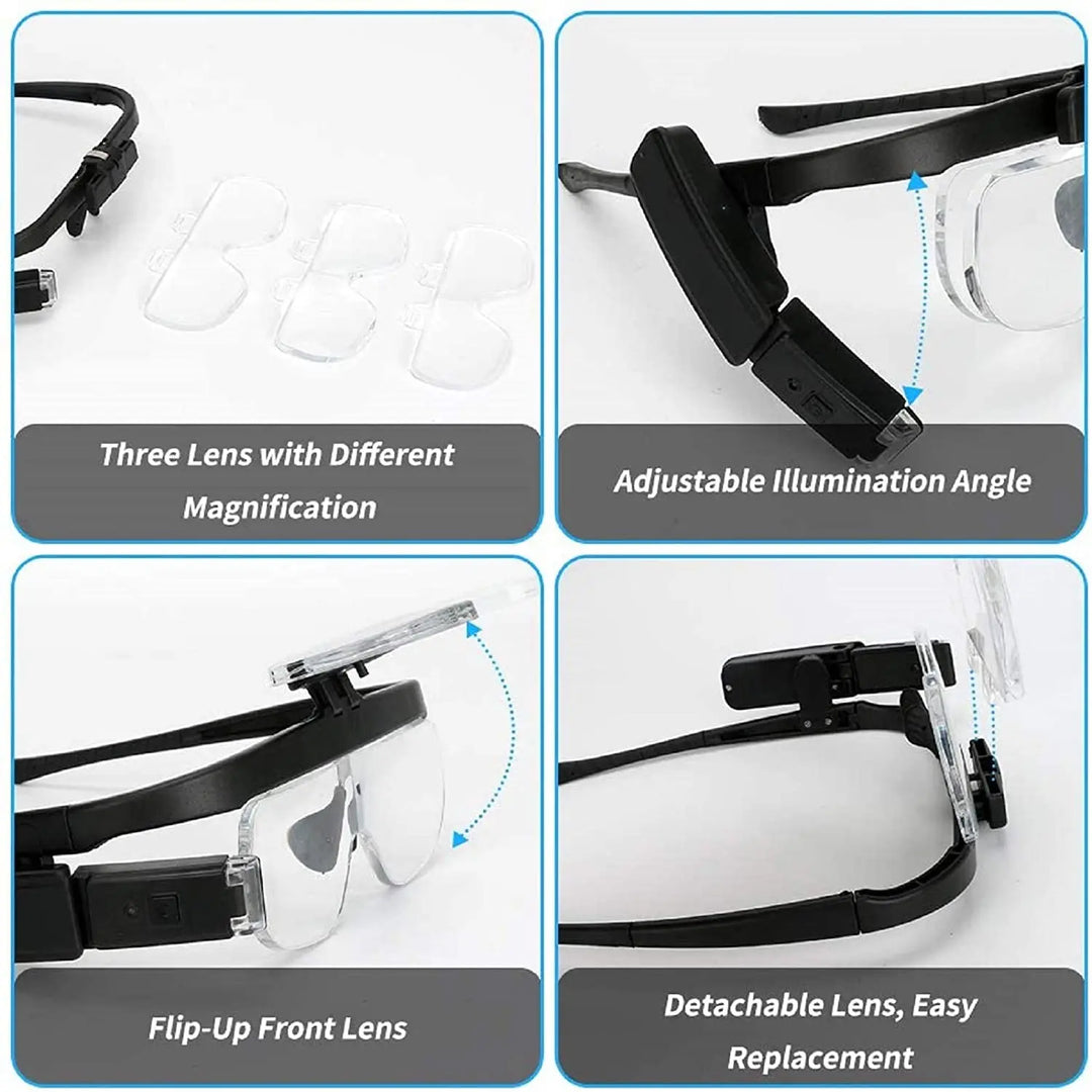 Crafting aid: Head-mounted LED magnifier for hands-free precision in hobbies, model building, and detailed work.