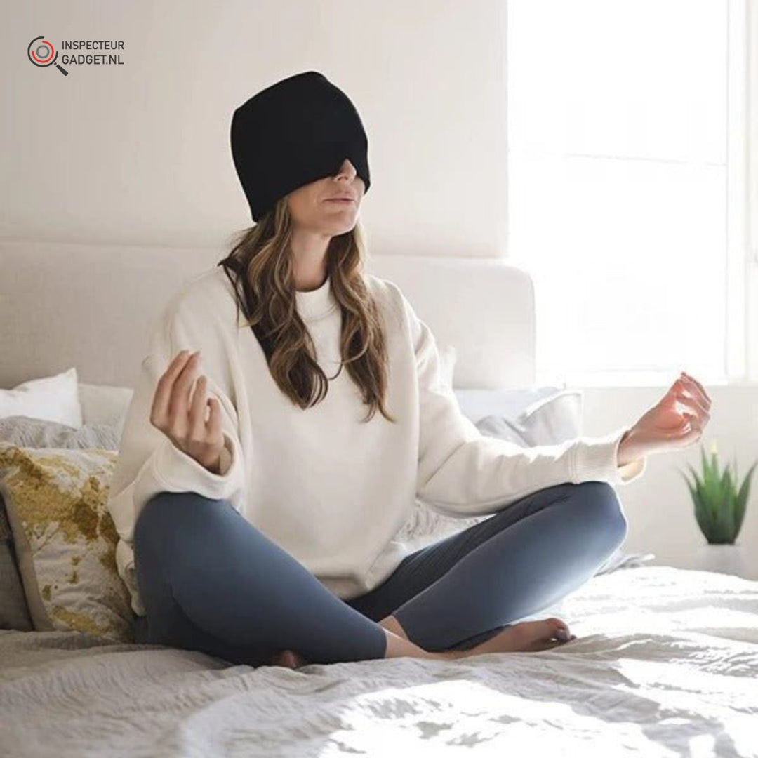 Plush, stretchy headache relief mask for full head coverage. Offers relaxation & pain relief for headaches. Unisex.