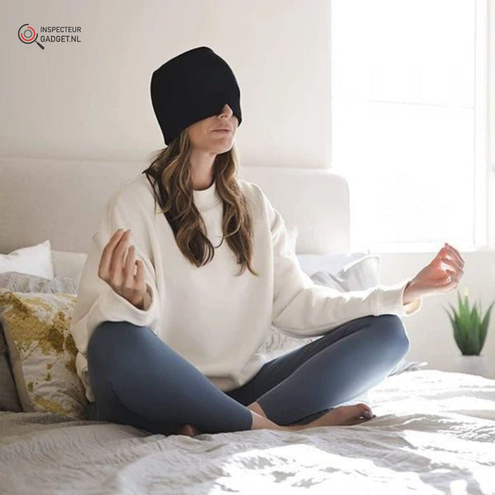 Plush, stretchy headache relief mask for full head coverage. Offers relaxation & pain relief for headaches. Unisex.