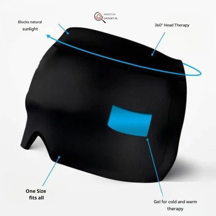 Black HeadEase headache relief mask. Targets migraine & tension with soothing compression and therapeutic relief.