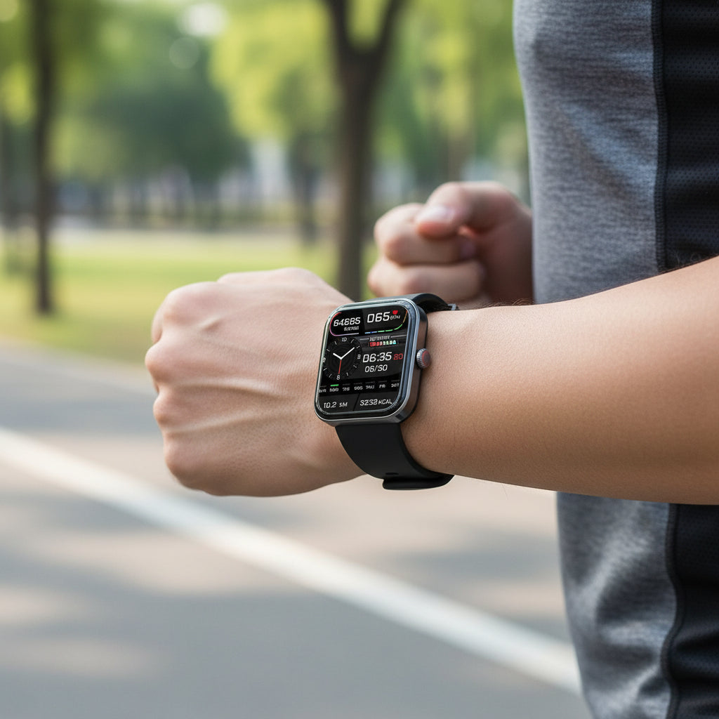 Smartwatch displaying heart rate & glucose trends. Wearable tech for non-invasive daily health monitoring.