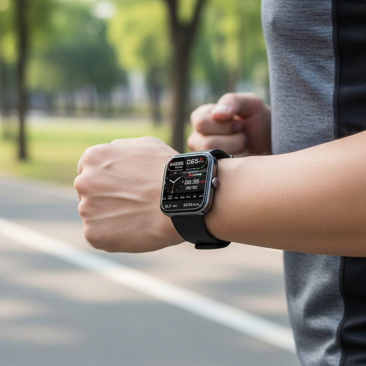 Smartwatch displaying heart rate & glucose trends. Wearable tech for non-invasive daily health monitoring.