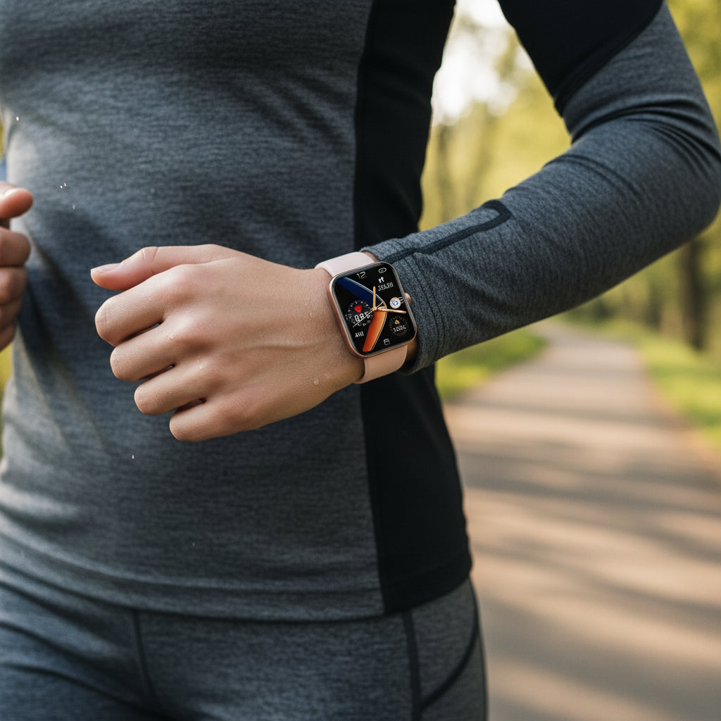 Stylish unisex smartwatch on a wrist. Activity, sleep, & heart rate monitor for daily wellness tracking.