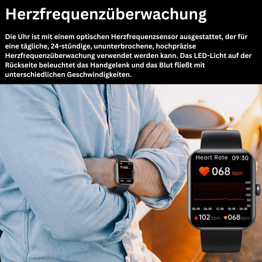 Smart health watch for men & women, featuring pain-free blood sugar, HR, and BP tracking.