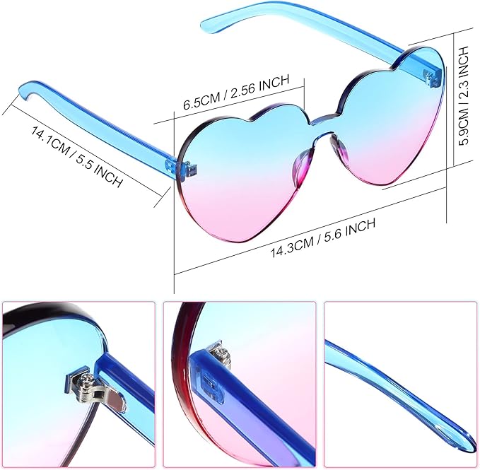 Heart-shaped sunglasses with clear lenses and no frame, a versatile and trendy eyewear choice.