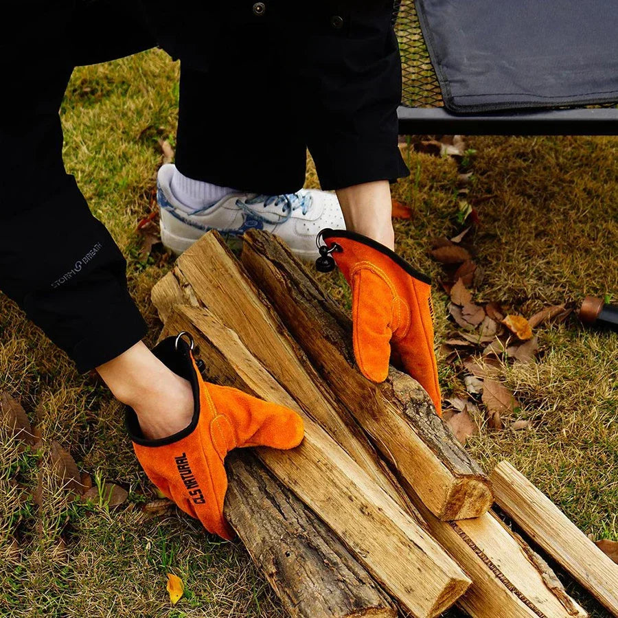 Magnetic clip heat-resistant leather gloves for outdoor grilling, BBQ, and fire pit handling.