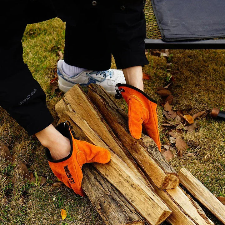 Magnetic clip heat-resistant leather gloves for outdoor grilling, BBQ, and fire pit handling.