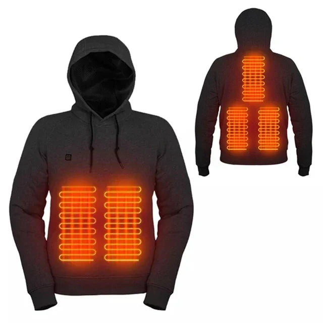 Unisex heated hoodie with adjustable heat settings, offering personalized warmth for cold weather activities.