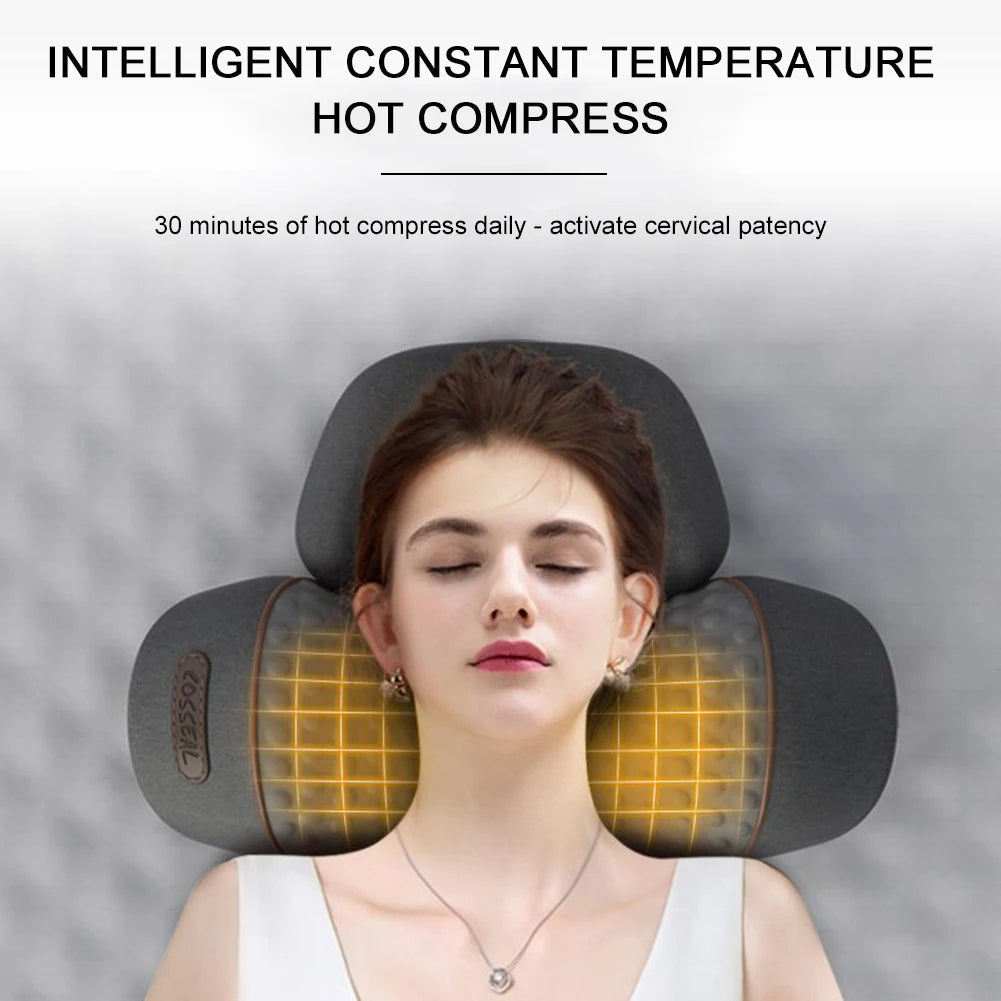 Ergonomic heated neck massage pillow offering tension relief, comfort & neck support.
