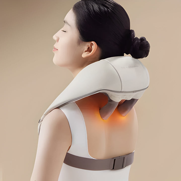 Wireless, portable heated neck & shoulder massager for deep muscle relief, perfect for home spa & relaxation.