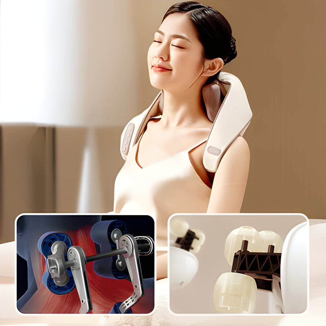 Ergonomic heated neck & shoulder massager for fast pain relief, targeting deep muscle knots & stiffness.