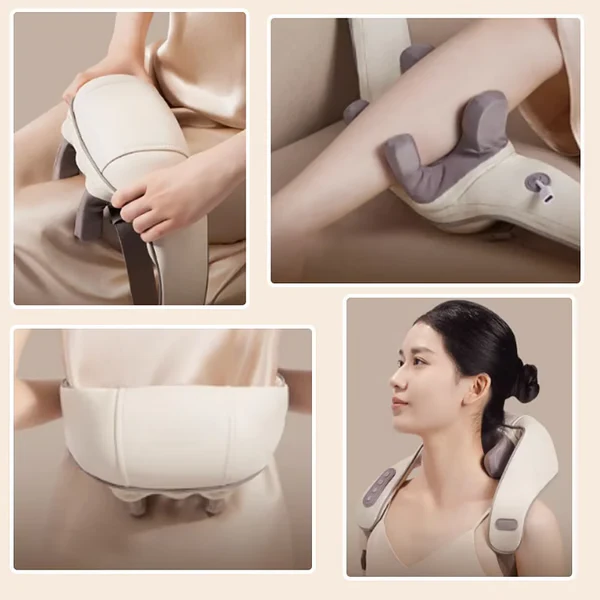 Person relaxing with a heated neck & shoulder massager, experiencing deep muscle relief & a home spa moment.
