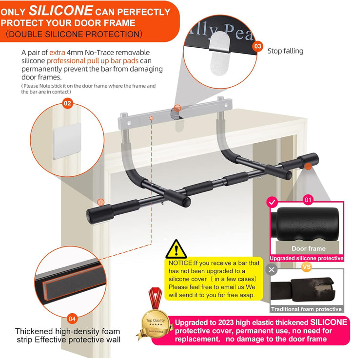 Adjustable door frame chin-up bar, ideal for upper body strength training and home fitness. Max 440 lbs.
