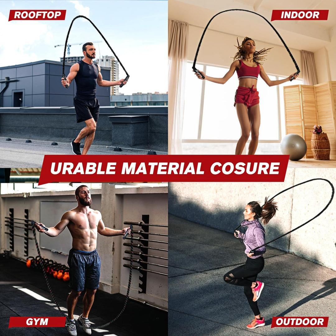 Intense full body workout with this durable heavy weighted jump rope for strength & cardio fitness.