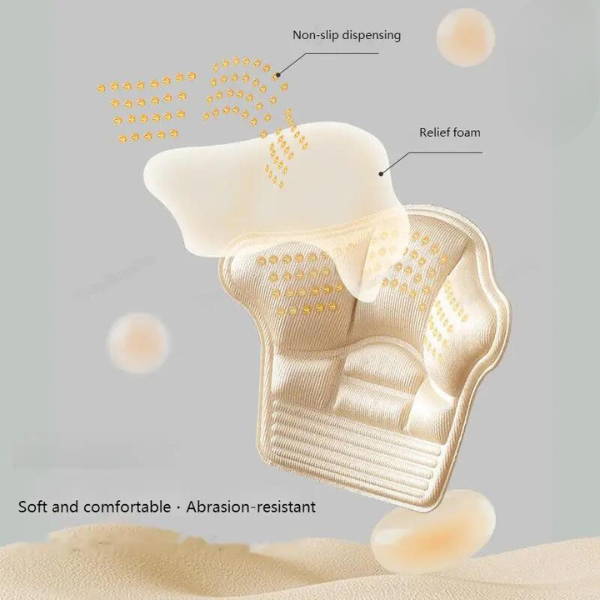Self-adhesive heel cushion inserts being placed into a shoe, demonstrating easy application for foot protection.